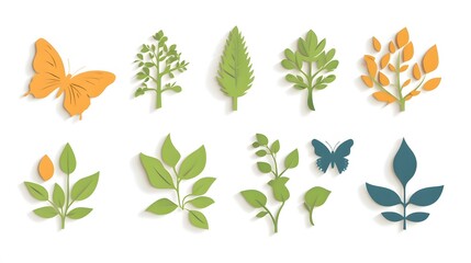Flat lay of paper cutouts featuring butterflies and various types of stylized leaves on white background