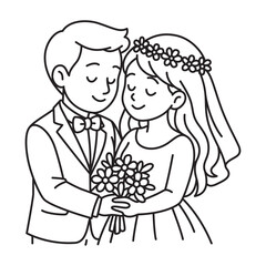 Vector black line picture of bride and groom hugging and holding a flower. Isolated on white background