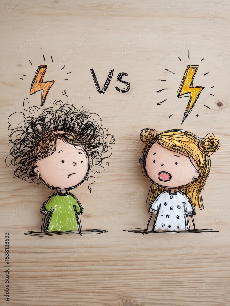Aufkleber Exploring the Difference Between Reacting and Responding Through Engaging Illustrations of Two Characters on a Wooden Surface