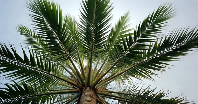 Lush palm tree viewed from below, showcasing intricate leaf patterns against a cloudy sky