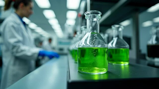Camera captures the activity in a biochemical laboratory, showcasing bubbling flasks and test tubes before zooming in on green extract forming in a beaker amidst scientific work.