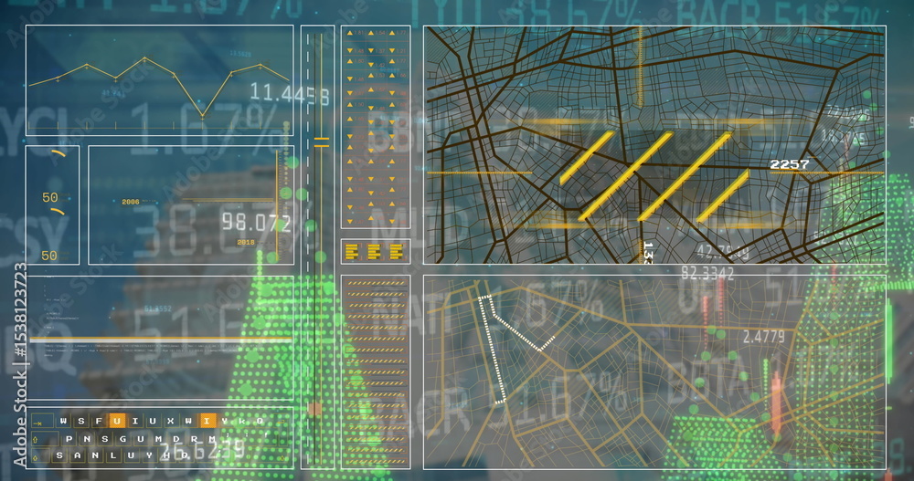 Poster displaying dashboard interface in virtual control room, showing charts, gauges, maps and grids