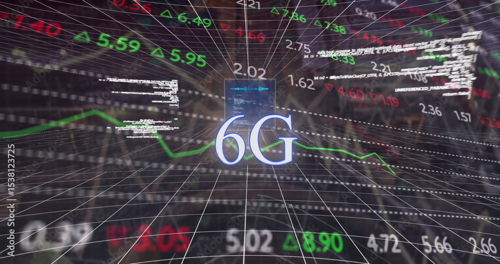 Poster 6g text hovering over wireframe grid in network space, with numerals, arrows, chart lines, code