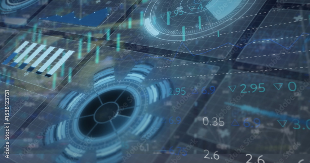 Poster displaying holographic dashboard at control hub, with circular gauges and floating numeric readouts