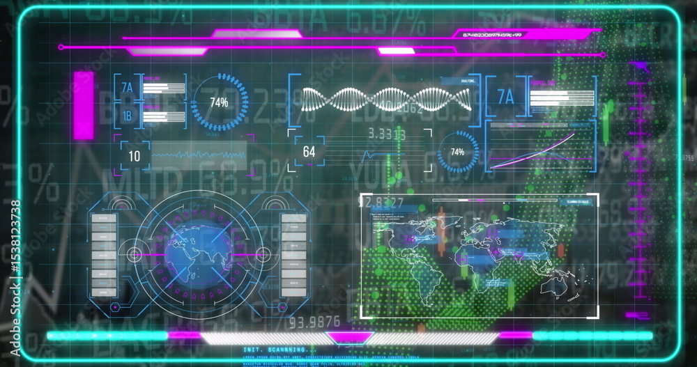 Poster displaying holographic ui panel showing charts at console, with world map gauge and waveform graph
