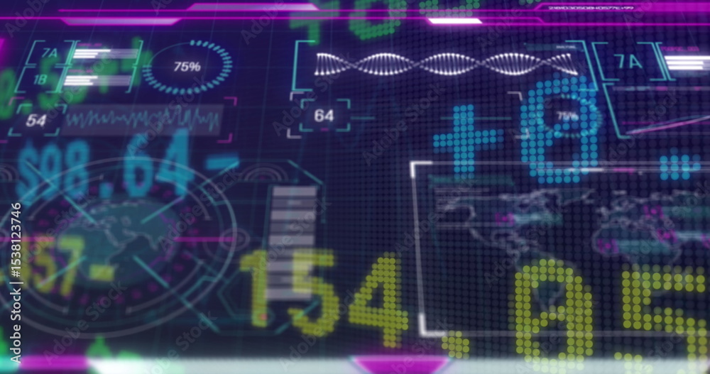 Poster Projecting holographic data panels showing numeric readouts and world map overlay on grid interface
