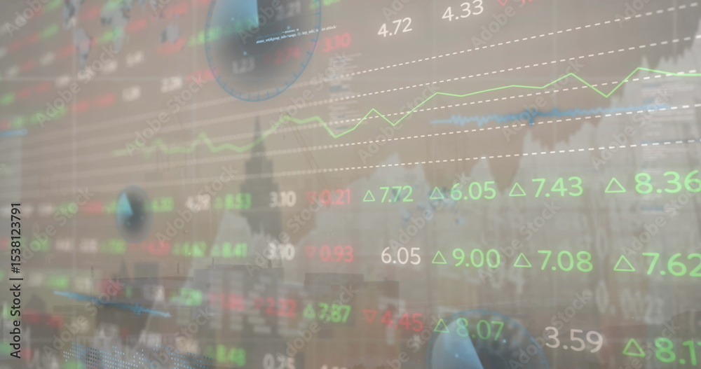 Poster displaying numerical stock data overlay in trading office, with line graphs and floating spheres