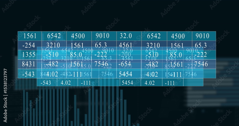 Poster displaying see-through blue data grid on virtual dashboard, with bar chart and blurred text blocks