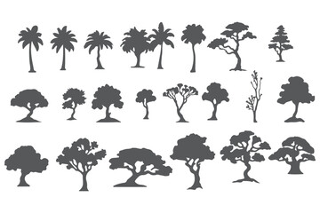silhouette tree line drawing set, Side view, set of graphics trees elements outline symbol for architecture and landscape design drawing. Vector illustration in stroke fill in white.