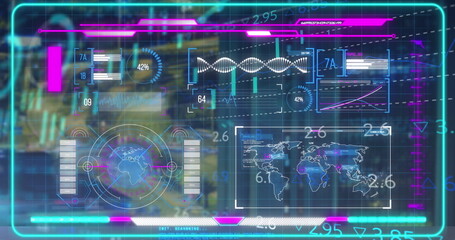 Displaying holographic interface showing data in data lab with world map, globe scan and DNA helix