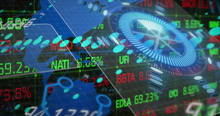 Displaying circular gauge and gear icon glowing in trading interface, with scrolling stock tickers