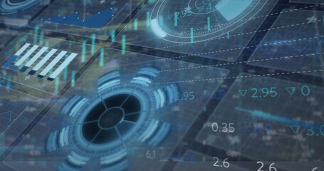 Displaying holographic dashboard at control hub, with circular gauges and floating numeric readouts