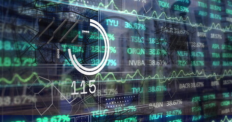 Fototapeta premium Showing dashboard offering financial data in office, with gauge 115, graphs and ticker percentages