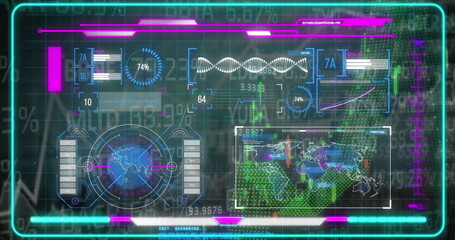 Obraz premium Displaying holographic UI panel showing charts at console, with world map gauge and waveform graph