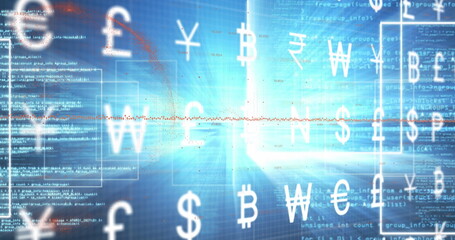 Floating currency symbols gliding across trading platform, with blue grid, code and red waveform