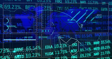 Displaying analytics dashboard on monitor, with data panels showing charts, nodes and numeric codes