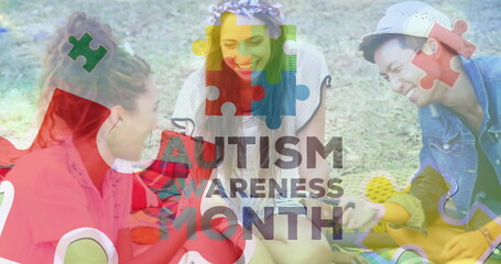 Fototapeta premium Sitting friends talking in park with picnic blanket, floral headband, red chair, autism graphic