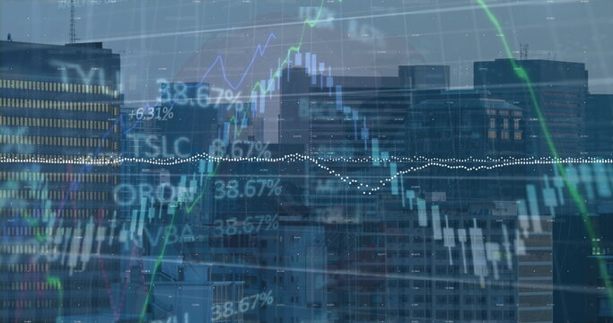 Displaying faint candlestick chart overlay over urban skyline, with graphs, percentages and tickers