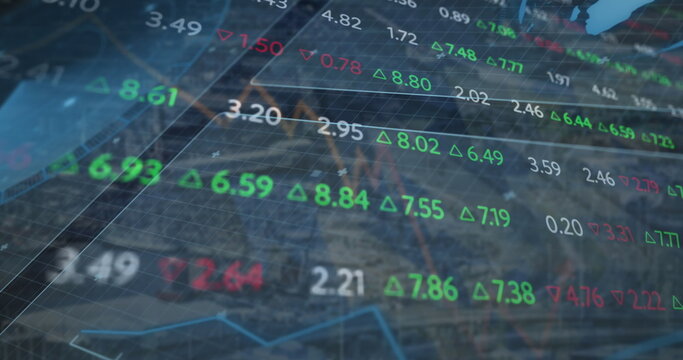 Displaying floating digital numbers, line chart traces and wireframe grid over blurred city skyline - Powered by Adobe