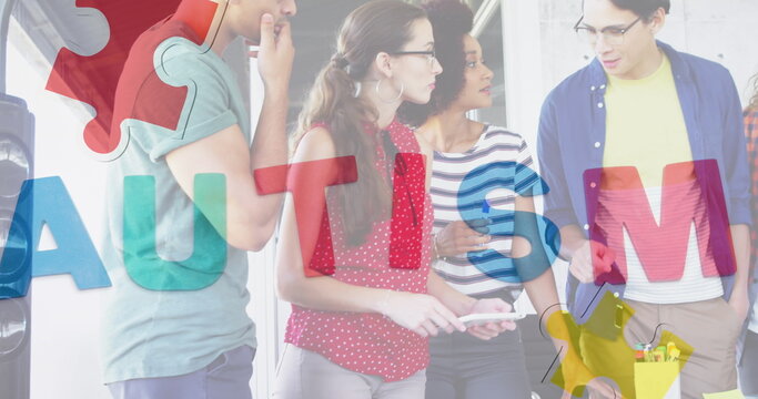 Team and boy planning in classroom, with sticky notes, markers, tablet and autism puzzle overlay