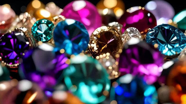 Assorted cut gemstones, faceted jewels in variety of vibrant colors displayed in heap. Gemstones shine with facets and light with black background.