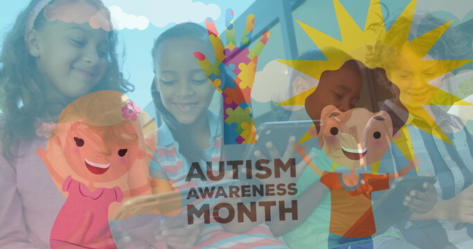 Smiling school kids using tablets in classroom with puzzle hand and Autism Awareness Month banner