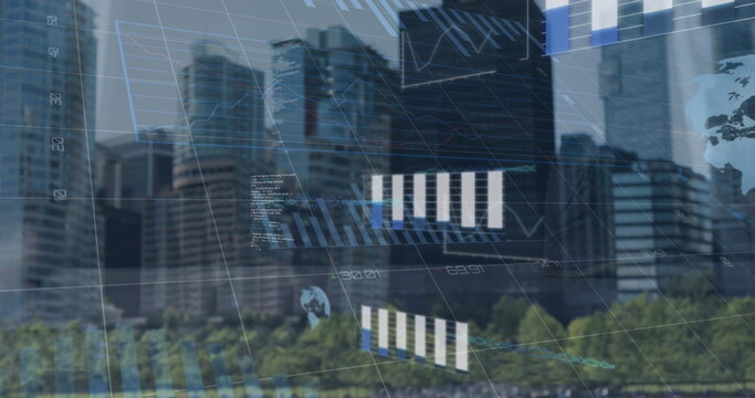 Displaying financial data overlay over skyline with bar and line charts, globe icons and gridlines