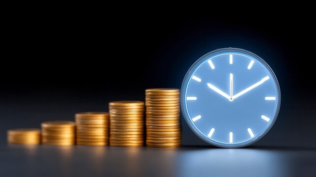 The concept of long term investment for financial growth. Managing income and savings in business. Entrepreneurs use the clock and money symbol to manage time and finances. Wealth creation