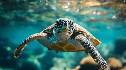Fototapeta premium Sea turtle swimming underwater in teal water.