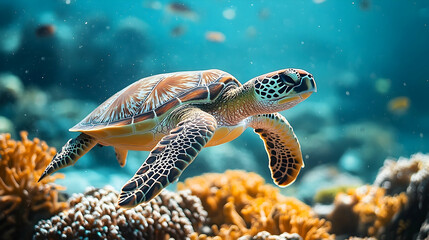 Fototapeta premium Sea turtle swimming amongst coral reefs.