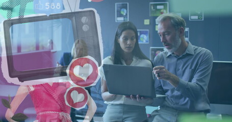 Analyzing colleagues in business attire using laptop for data in office, with screens and overlays