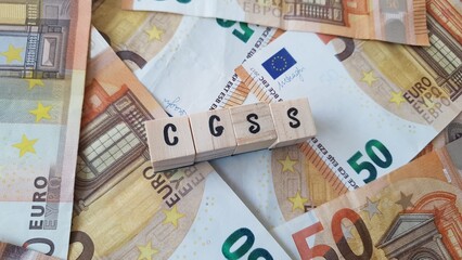 CGSS acronym made of wooden letter cubes on pile of Euro banknotes. Caisse Générale de Sécurité Sociale (General Social Security Fund, overseas territories)