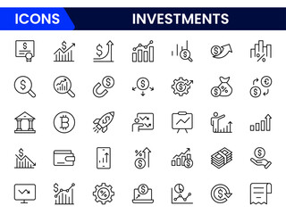 Sleek vector web line icons depicting investments, stocks, portfolios, growth, financial planning, and wealth-building strategies for economic success.