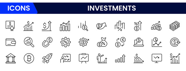 Sleek vector web line icons depicting investments, stocks, portfolios, growth, financial planning, and wealth-building strategies for economic success.