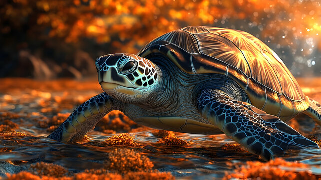 A sea turtle emerges from the water at sunset.