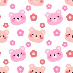 Cute pink and peach teddy bear faces with floral seamless pattern on white, perfect for children's apparel, nursery themes, or sweet digital backgrounds.