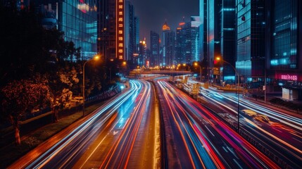 Naklejka premium A dynamic shot of a modern city road with striking architecture, neon lights, and bustling traffic, showcasing the vibrant energy of urban life at night.