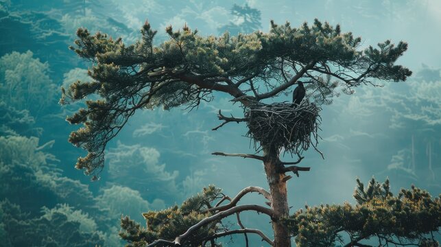 The majestic eagle is nestled in its nest among the evergreen trees, showcasing wildlife in its natural forest habitat.