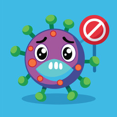 Cartoon Virus Character with Stop Sign – Health Awareness and Prevention Concept Vector
