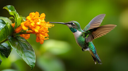 Fototapeta premium Vibrant hummingbird hovers near bright orange blossoms.