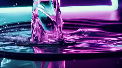 Dramatic video of neon lit water splashes dark reflective surface creating vibrant mesmerizing slow motion visuals ultra HD cinematic quality - Powered by Adobe