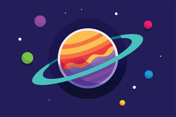 Colorful Planet with Rings and Orbiting Moons in Deep Space, Illustration