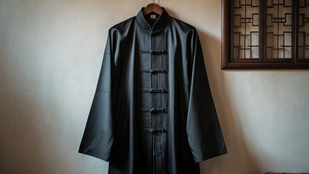 A black graduated kung fu suit hangs on the wall. - Powered by Adobe
