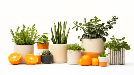 Assortment of potted plants with oranges on a white background creates a vibrant and fresh scene