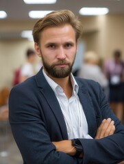 Fototapeta premium Confident Professional Man in Business Attire with Arms Crossed at Conference or Meeting