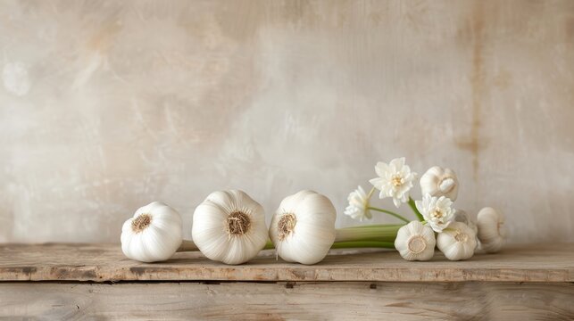 A still life of garlic bulbs with their papery skins peeling back.