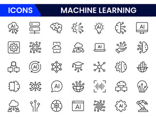 Sleek vector web line icons depicting machine learning, algorithms, neural networks, data analysis, and AI-driven innovation for intelligent systems.