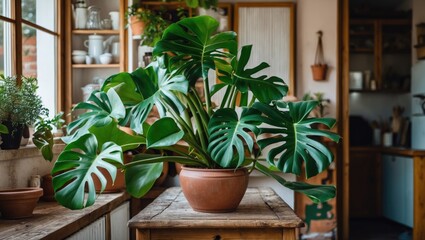 Fototapeta premium Amazing monstera deliciosa in a typical house with houseplants and cozy interior decor