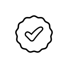 Outline Check Mark on a Black Wavy Seal Badge Icon Denoting Authenticity and Official Approval in a Minimalist Style on Pure White Background Vector Design