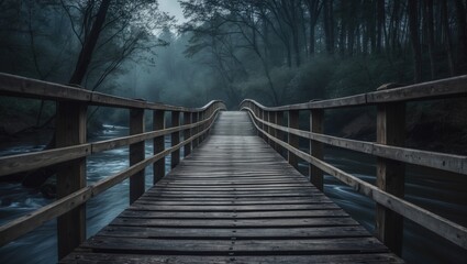 Wooden Bridge Over The River In The Forest at Dawn. Bridge Over The Water.
